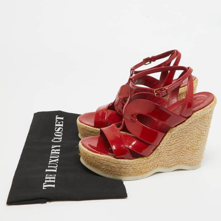 Pre Owned Yves Saint Laurent Red Patent Wedge Ankle Sandals Size 39.5