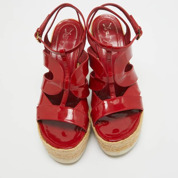 Pre Owned Yves Saint Laurent Red Patent Wedge Ankle Sandals Size 39.5