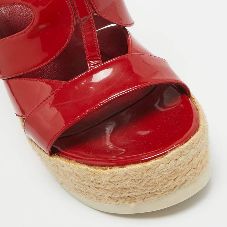 Pre Owned Yves Saint Laurent Red Patent Wedge Ankle Sandals Size 39.5