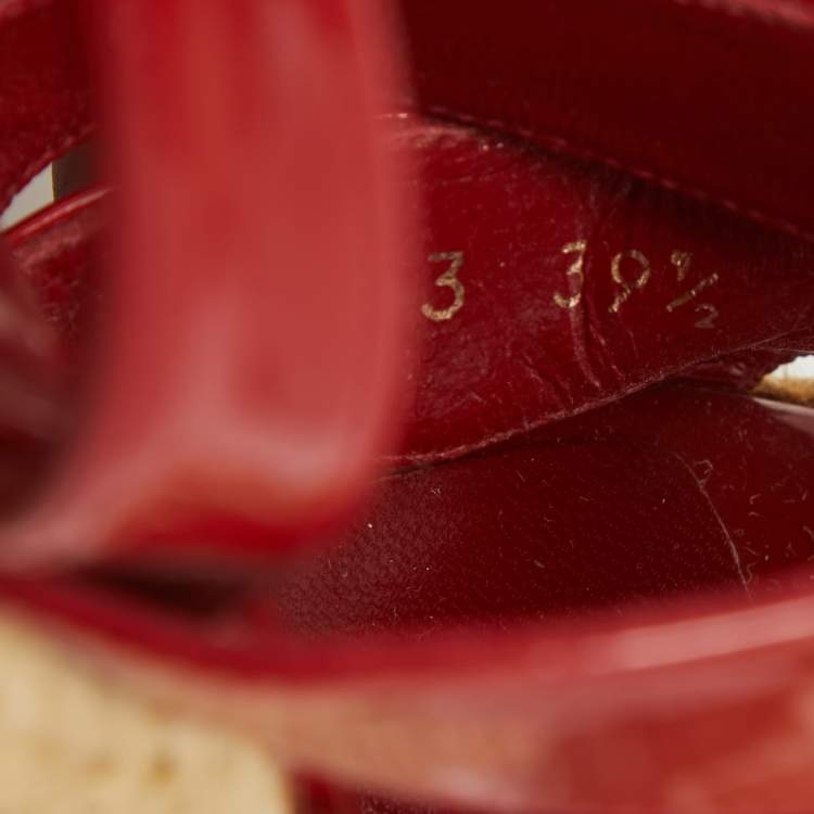 Pre Owned Yves Saint Laurent Red Patent Wedge Ankle Sandals Size 39.5