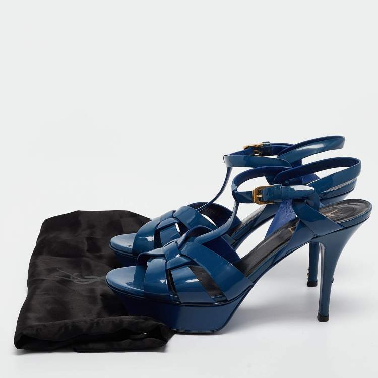 Pre Owned Yves Saint Laurent Blue Patent Tribute Sandals Size 38