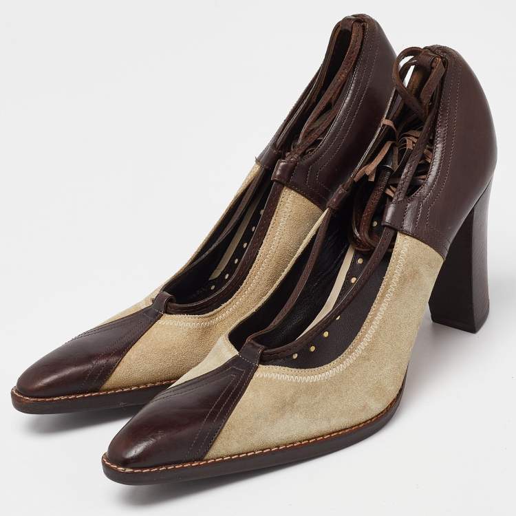 Pre Owned Yves Saint Laurent Brown/Beige Suede and Leather Fringe Detail Ankle Wrap Pumps Size 37