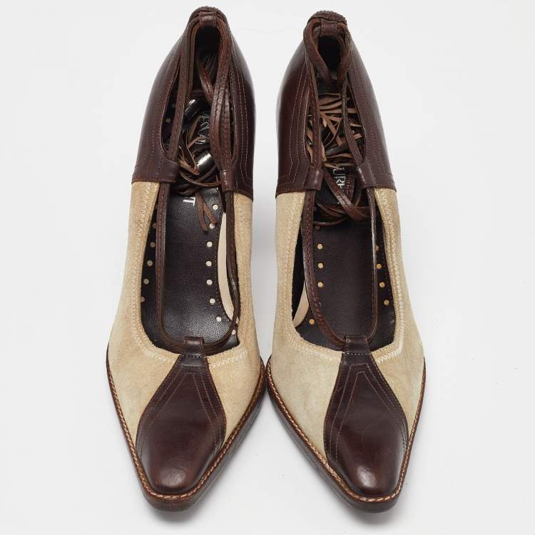 Pre Owned Yves Saint Laurent Brown/Beige Suede and Leather Fringe Detail Ankle Wrap Pumps Size 37
