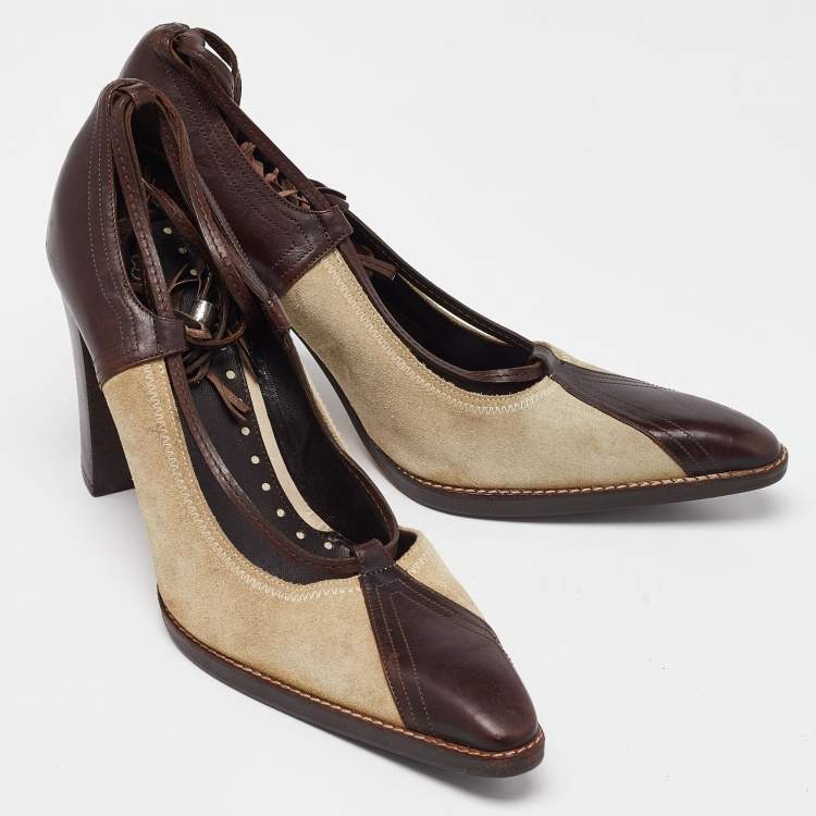 Pre Owned Yves Saint Laurent Brown/Beige Suede and Leather Fringe Detail Ankle Wrap Pumps Size 37