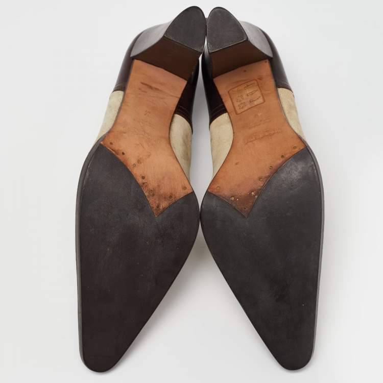 Pre Owned Yves Saint Laurent Brown/Beige Suede and Leather Fringe Detail Ankle Wrap Pumps Size 37