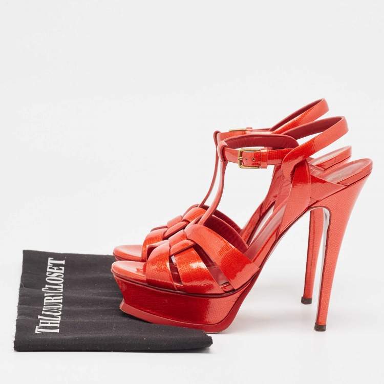 Pre Owned Yves Saint Laurent Red Patent Leather Tribute Sandals Size 37.5