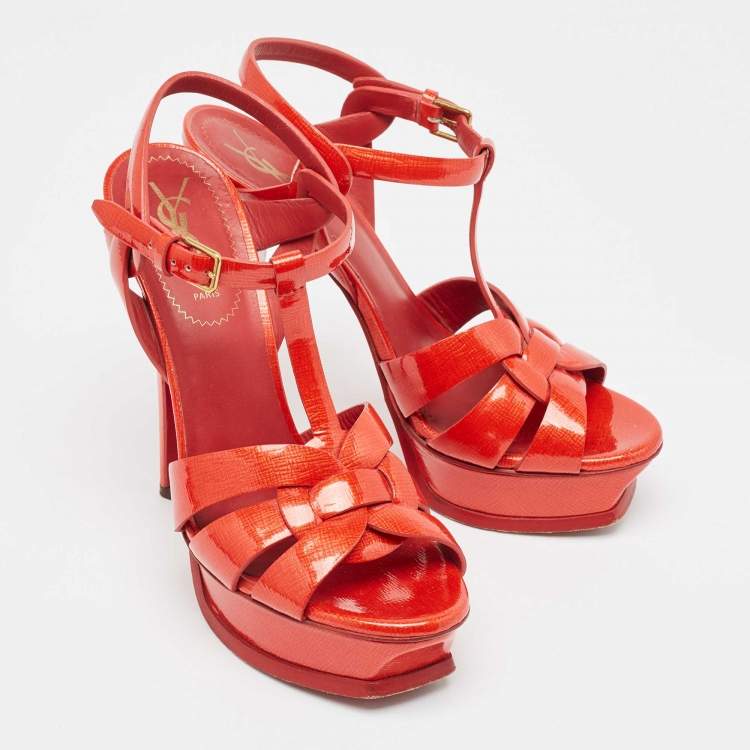 Pre Owned Yves Saint Laurent Red Patent Leather Tribute Sandals Size 37.5