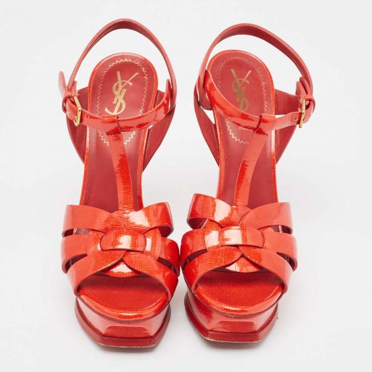 Pre Owned Yves Saint Laurent Red Patent Leather Tribute Sandals Size 37.5