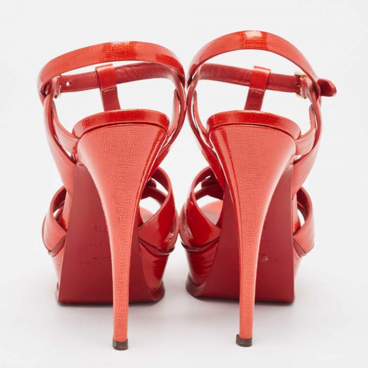 Pre Owned Yves Saint Laurent Red Patent Leather Tribute Sandals Size 37.5