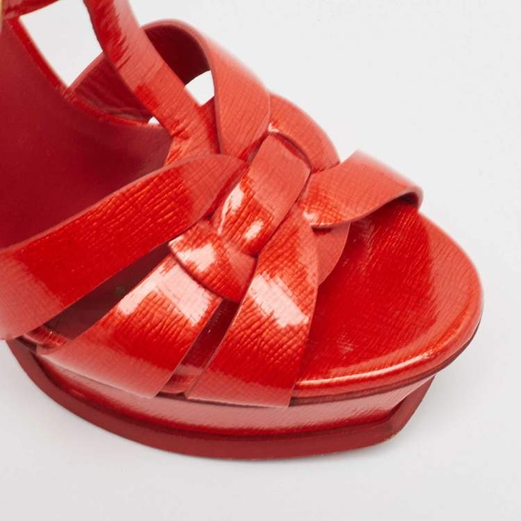 Pre Owned Yves Saint Laurent Red Patent Leather Tribute Sandals Size 37.5