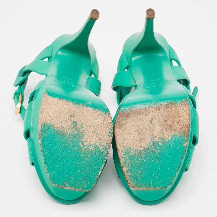 Pre Owned Saint Laurent Green Leather  Tribute Ankle Strap Sandals Size 36.5