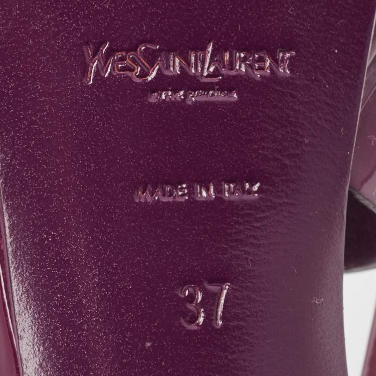 Pre Owned Yves Saint Laurent Burgundy Patent Leather Tribute Platform Ankle Strap Sandals Size 37