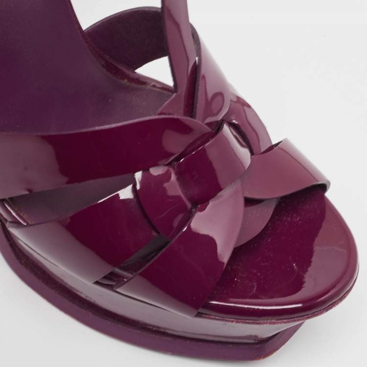 Pre Owned Yves Saint Laurent Burgundy Patent Leather Tribute Platform Ankle Strap Sandals Size 37