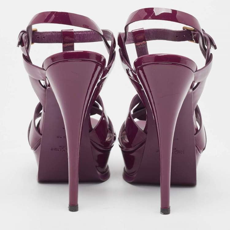Pre Owned Yves Saint Laurent Burgundy Patent Leather Tribute Platform Ankle Strap Sandals Size 37