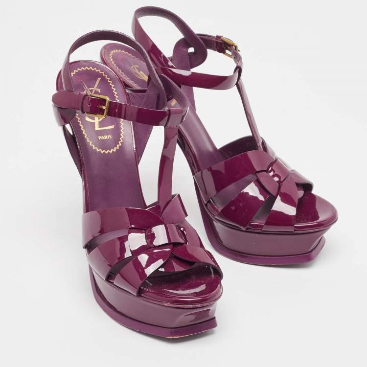 Pre Owned Yves Saint Laurent Burgundy Patent Leather Tribute Platform Ankle Strap Sandals Size 37