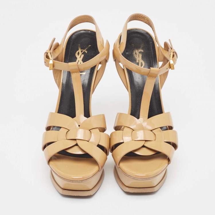 Pre Owned Yves Saint Laurent Beige Patent Leather Tribute Platform Sandals Size 37.5