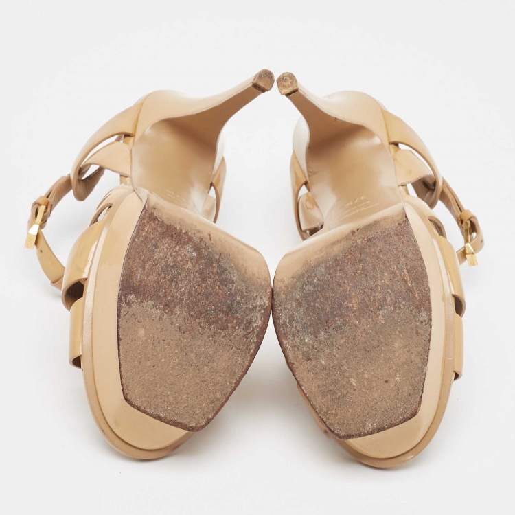 Pre Owned Yves Saint Laurent Beige Patent Leather Tribute Platform Sandals Size 37.5