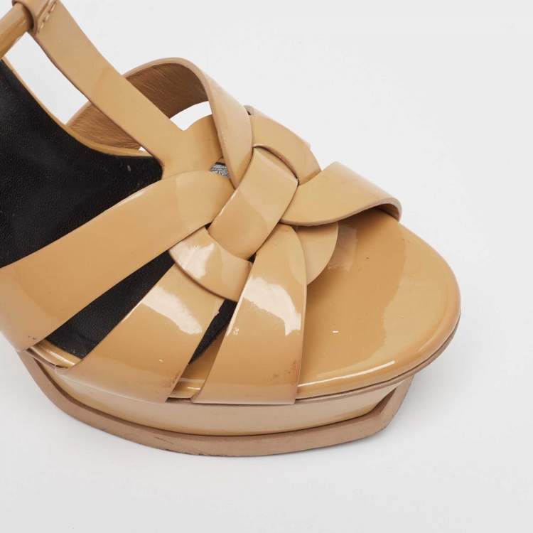 Pre Owned Yves Saint Laurent Beige Patent Leather Tribute Platform Sandals Size 37.5