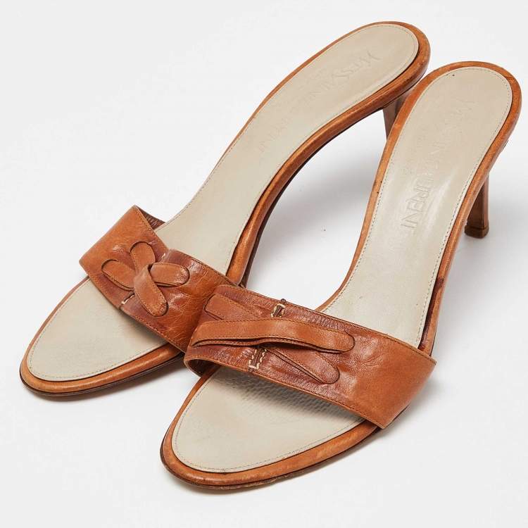 Pre Owned Yves Saint Laurent Brown Leather Open Toe Slide Sandals Size 38.5