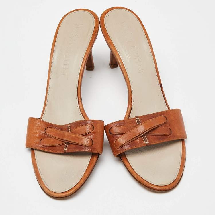 Pre Owned Yves Saint Laurent Brown Leather Open Toe Slide Sandals Size 38.5