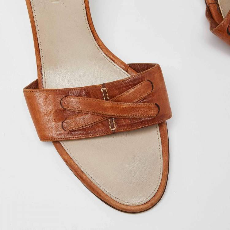 Pre Owned Yves Saint Laurent Brown Leather Open Toe Slide Sandals Size 38.5