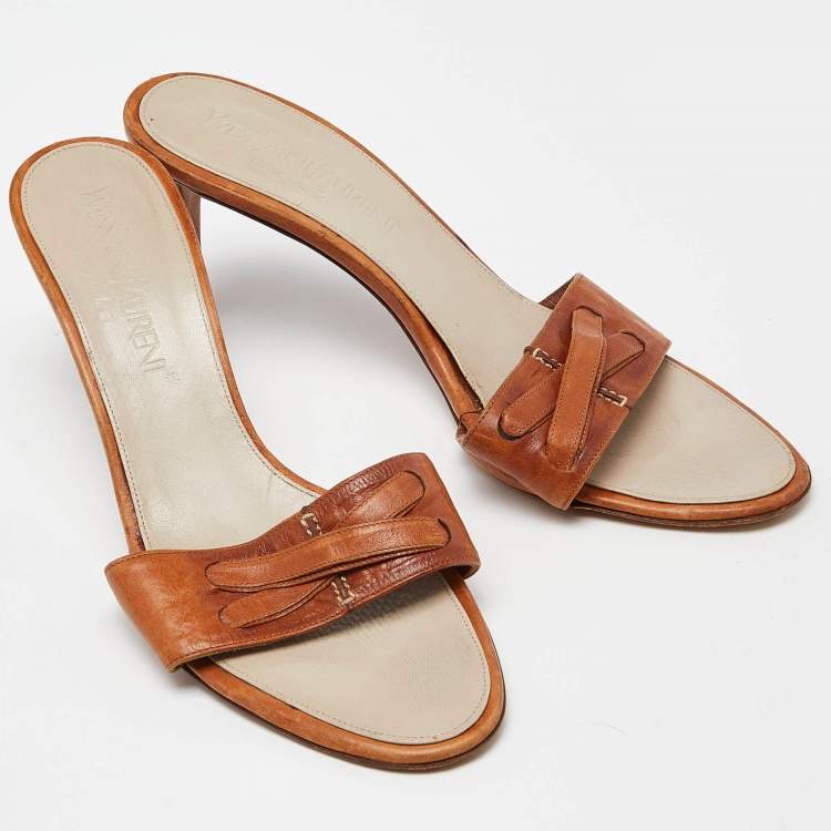 Pre Owned Yves Saint Laurent Brown Leather Open Toe Slide Sandals Size 38.5