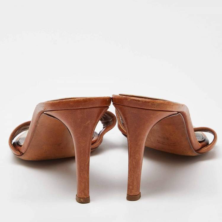 Pre Owned Yves Saint Laurent Brown Leather Open Toe Slide Sandals Size 38.5