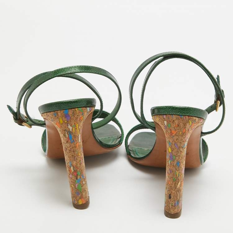 Pre Owned Yves Saint Laurent Green Patent Leather Ankle Wrap Sandals Size 39