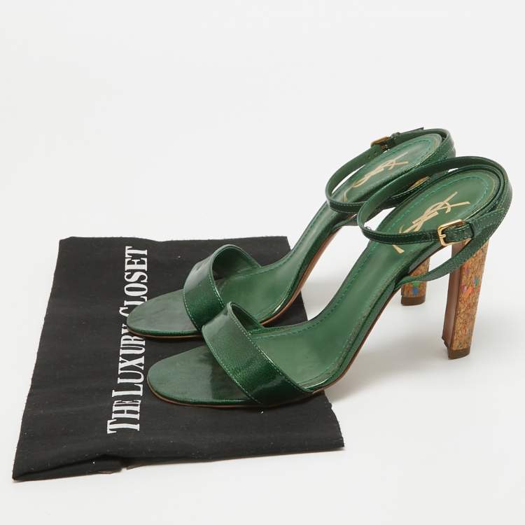 Pre Owned Yves Saint Laurent Green Patent Leather Ankle Wrap Sandals Size 39