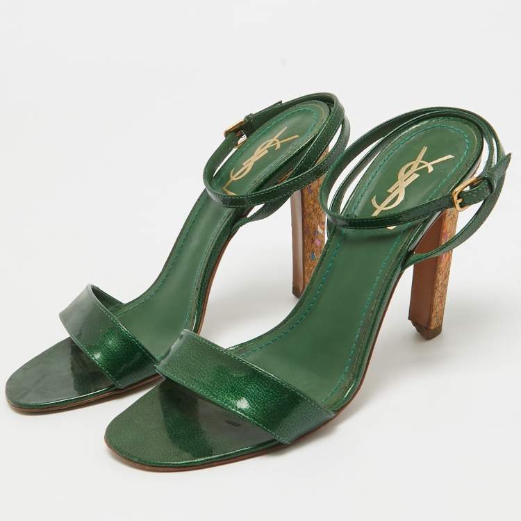 Pre Owned Yves Saint Laurent Green Patent Leather Ankle Wrap Sandals Size 39