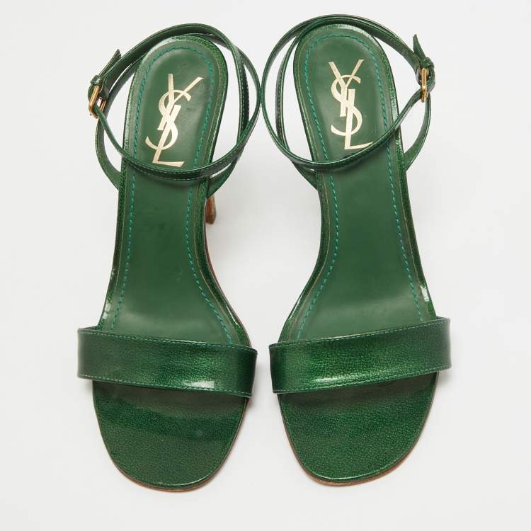 Pre Owned Yves Saint Laurent Green Patent Leather Ankle Wrap Sandals Size 39