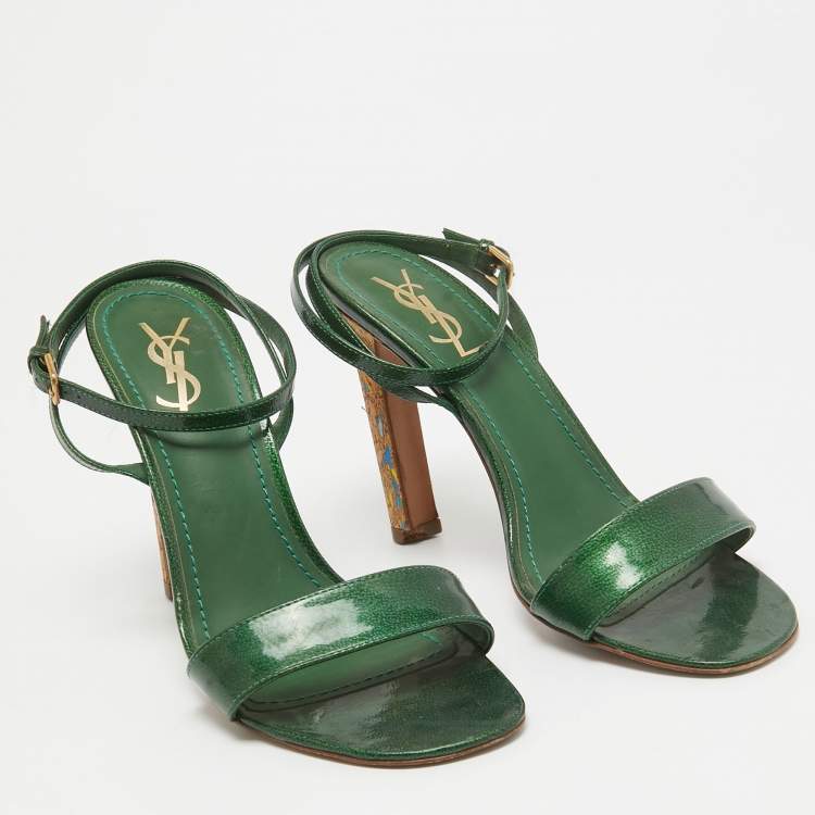 Pre Owned Yves Saint Laurent Green Patent Leather Ankle Wrap Sandals Size 39