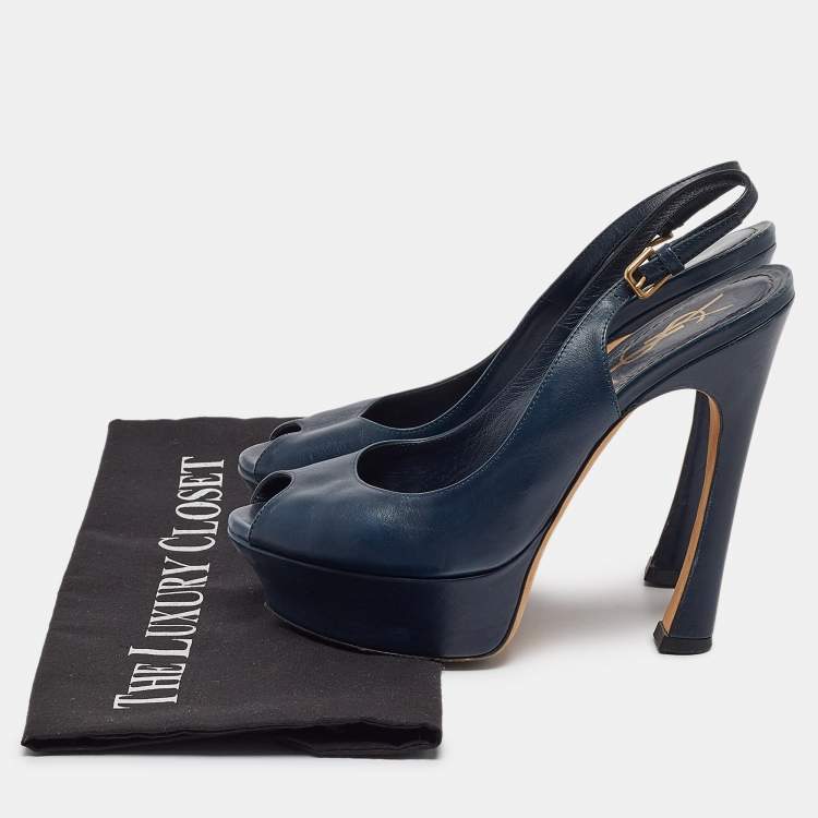 Pre Owned Yves Saint Laurent Navy Blue Leather Peep Toe Platform Slingback Pumps Size 36