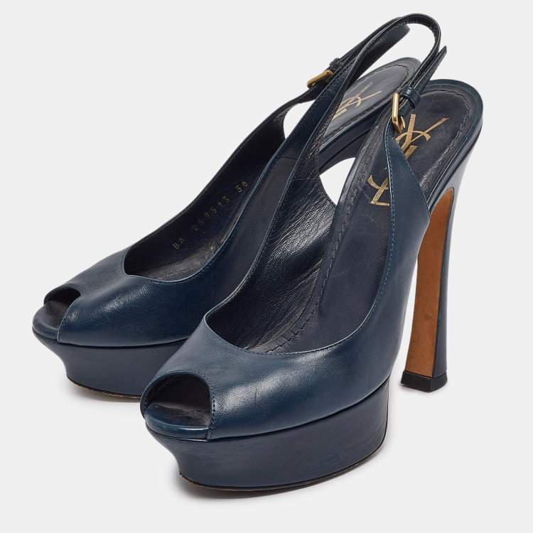Pre Owned Yves Saint Laurent Navy Blue Leather Peep Toe Platform Slingback Pumps Size 36