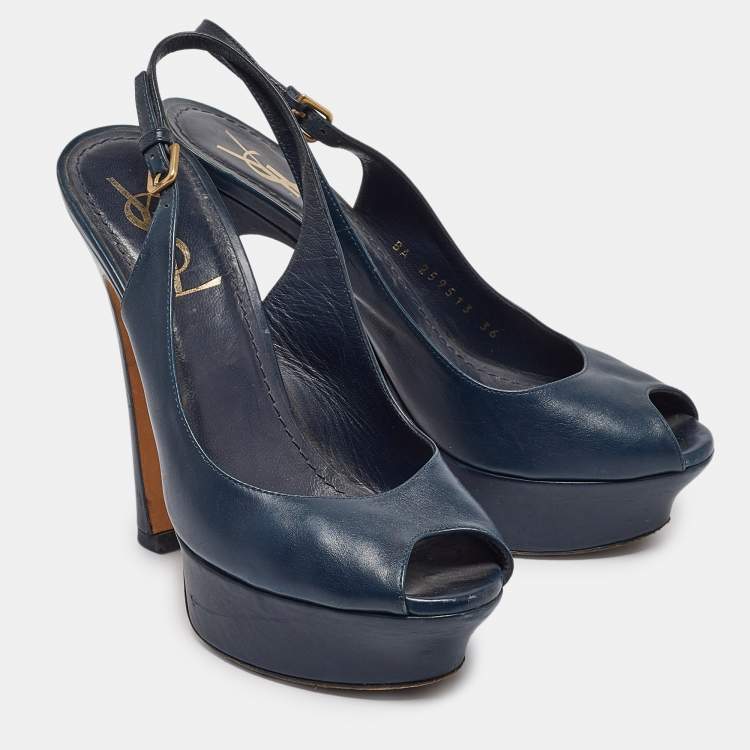Pre Owned Yves Saint Laurent Navy Blue Leather Peep Toe Platform Slingback Pumps Size 36