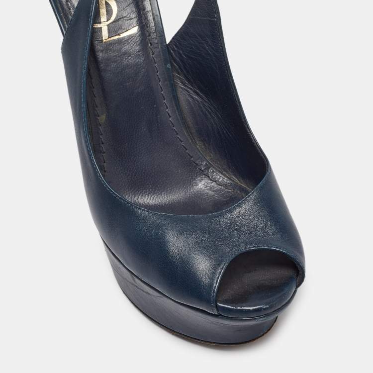 Pre Owned Yves Saint Laurent Navy Blue Leather Peep Toe Platform Slingback Pumps Size 36