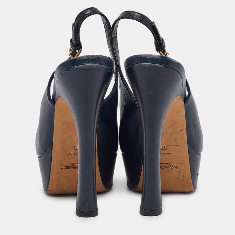 Pre Owned Yves Saint Laurent Navy Blue Leather Peep Toe Platform Slingback Pumps Size 36