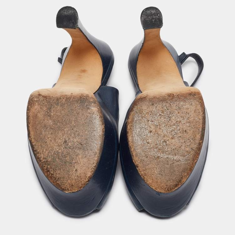 Pre Owned Yves Saint Laurent Navy Blue Leather Peep Toe Platform Slingback Pumps Size 36