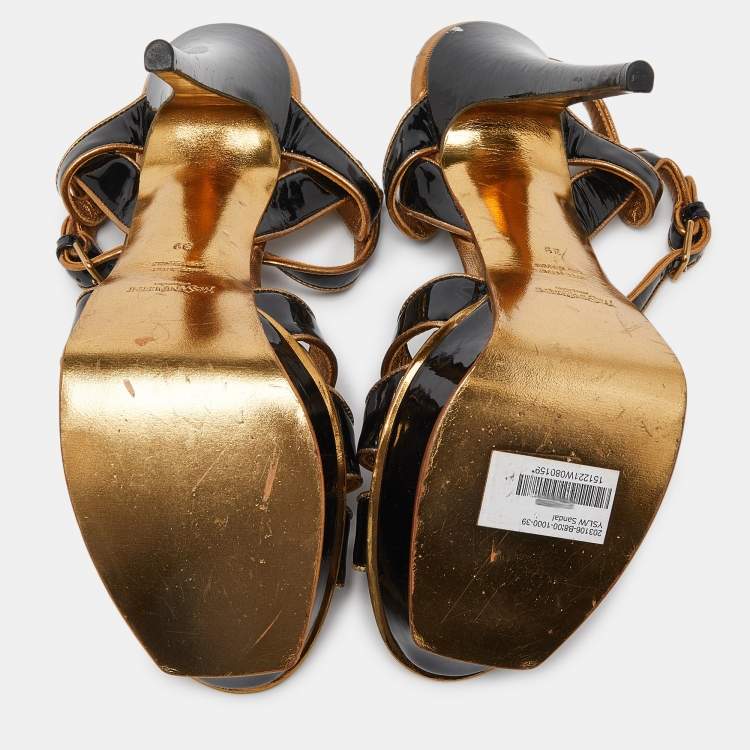 Pre Owned Yves Saint Laurent Black/Gold Patent Leather Tribute Platform Ankle Strap Sandals Size 39