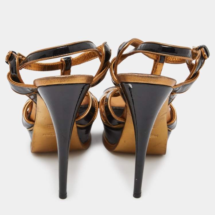 Pre Owned Yves Saint Laurent Black/Gold Patent Leather Tribute Platform Ankle Strap Sandals Size 39