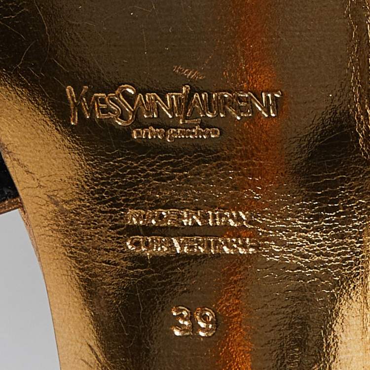 Pre Owned Yves Saint Laurent Black/Gold Patent Leather Tribute Platform Ankle Strap Sandals Size 39