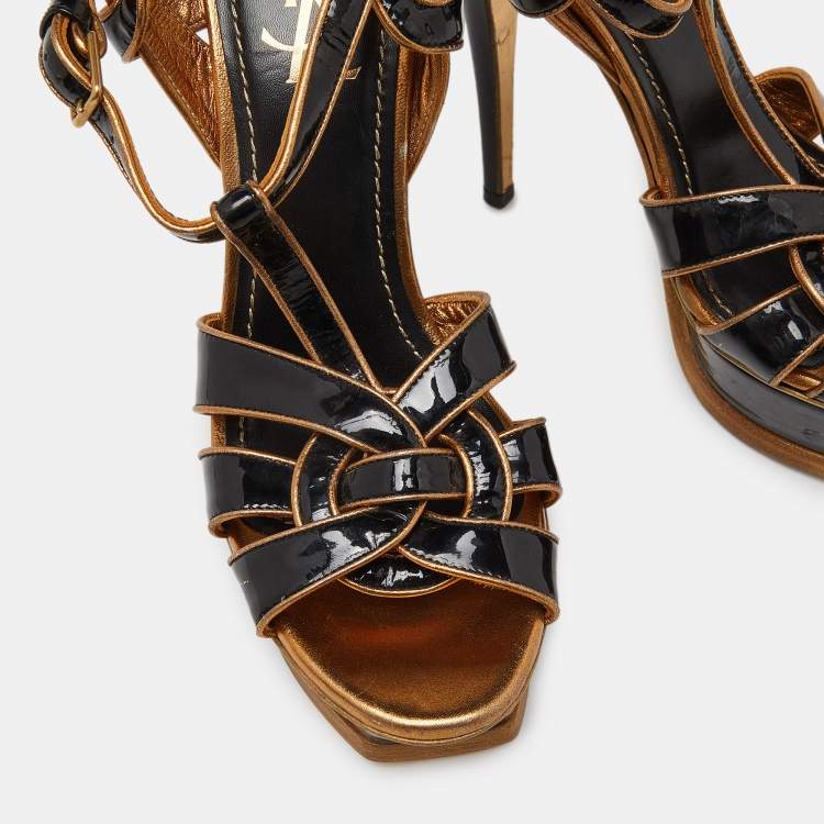 Pre Owned Yves Saint Laurent Black/Gold Patent Leather Tribute Platform Ankle Strap Sandals Size 39