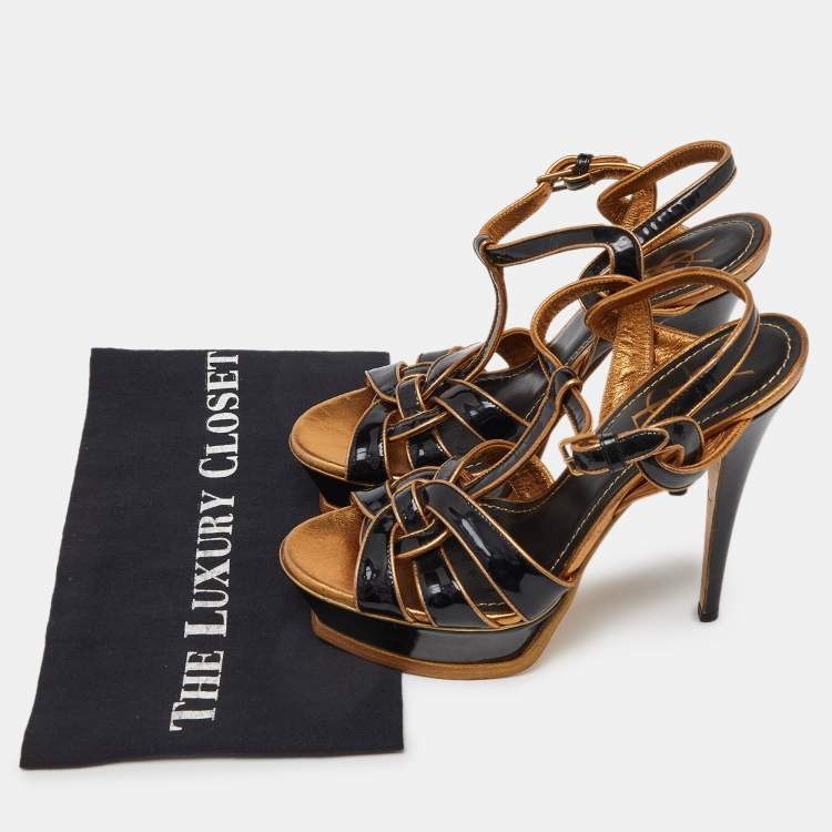 Pre Owned Yves Saint Laurent Black/Gold Patent Leather Tribute Platform Ankle Strap Sandals Size 39