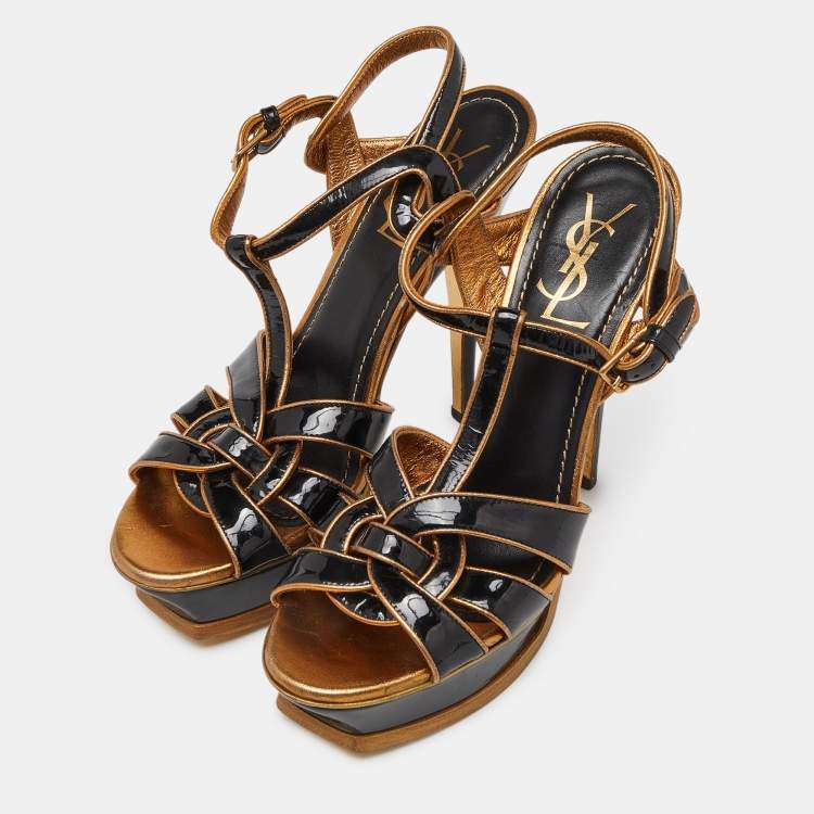 Pre Owned Yves Saint Laurent Black/Gold Patent Leather Tribute Platform Ankle Strap Sandals Size 39
