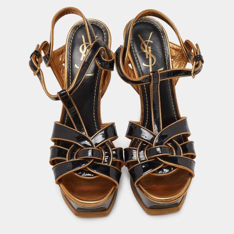 Pre Owned Yves Saint Laurent Black/Gold Patent Leather Tribute Platform Ankle Strap Sandals Size 39