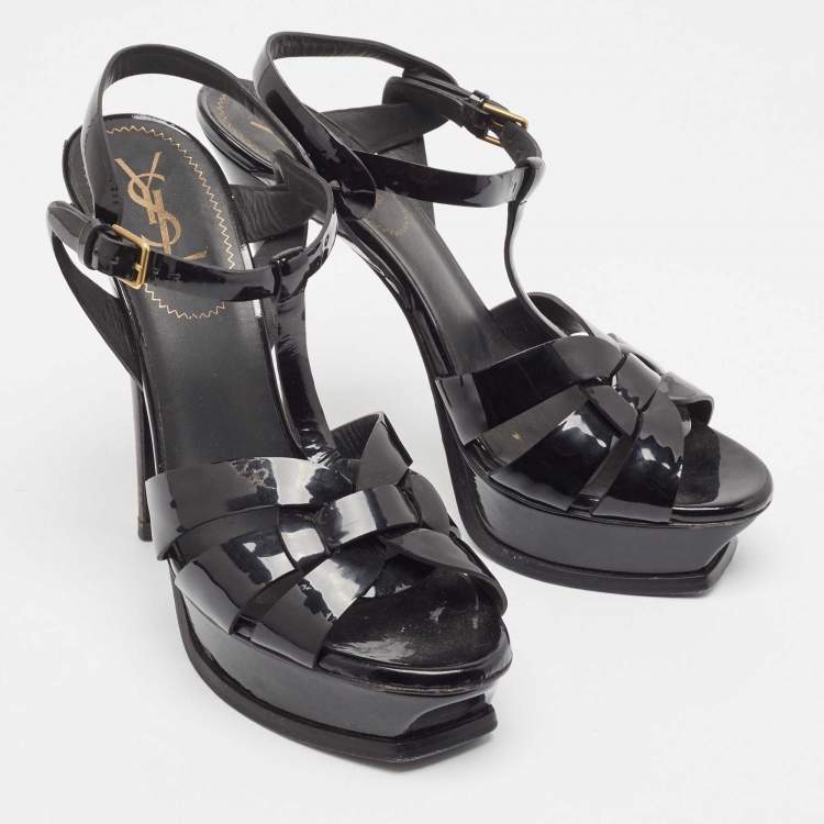 Pre Owned Yves Saint Laurent Black Patent Tribute Ankle Strap Sandals Size 39