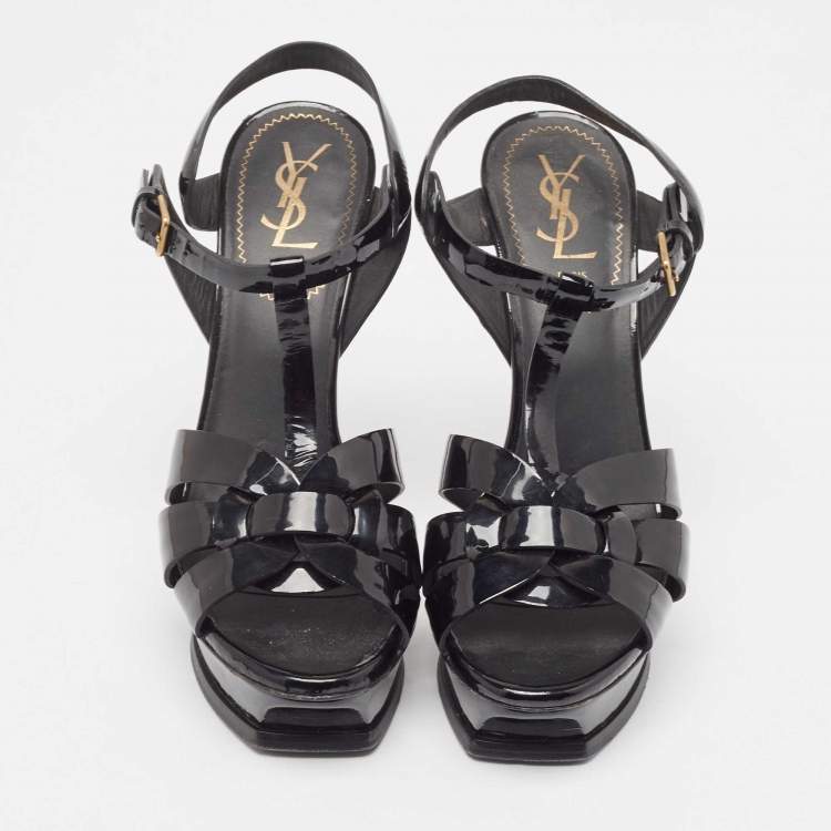 Pre Owned Yves Saint Laurent Black Patent Tribute Ankle Strap Sandals Size 39