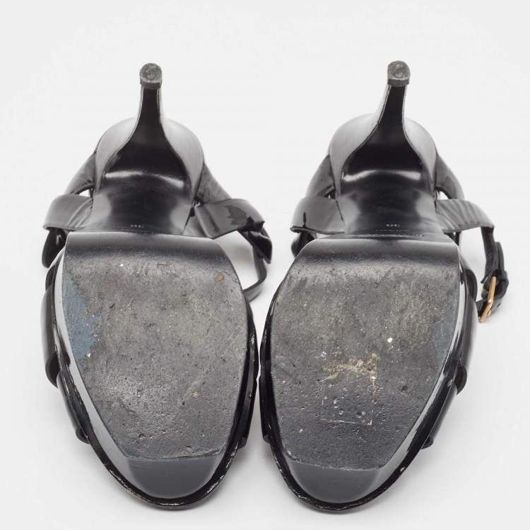 Pre Owned Yves Saint Laurent Black Patent Tribute Ankle Strap Sandals Size 39