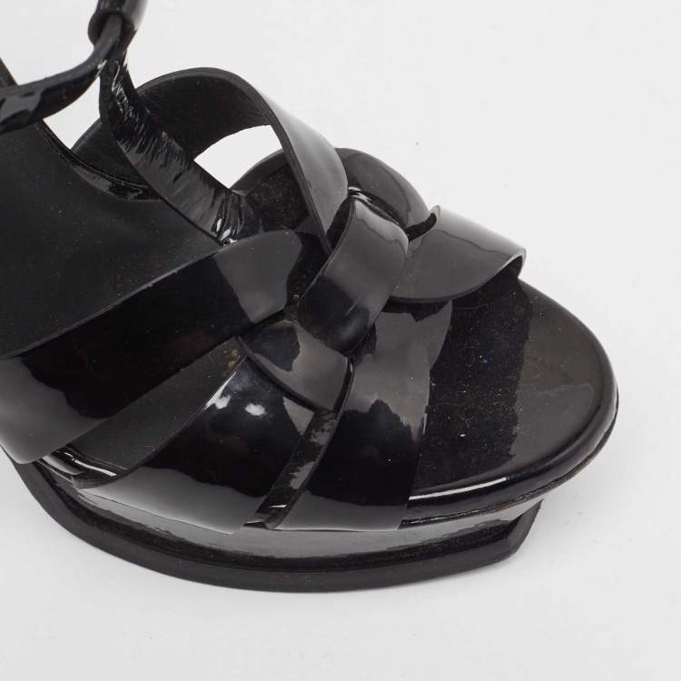 Pre Owned Yves Saint Laurent Black Patent Tribute Ankle Strap Sandals Size 39