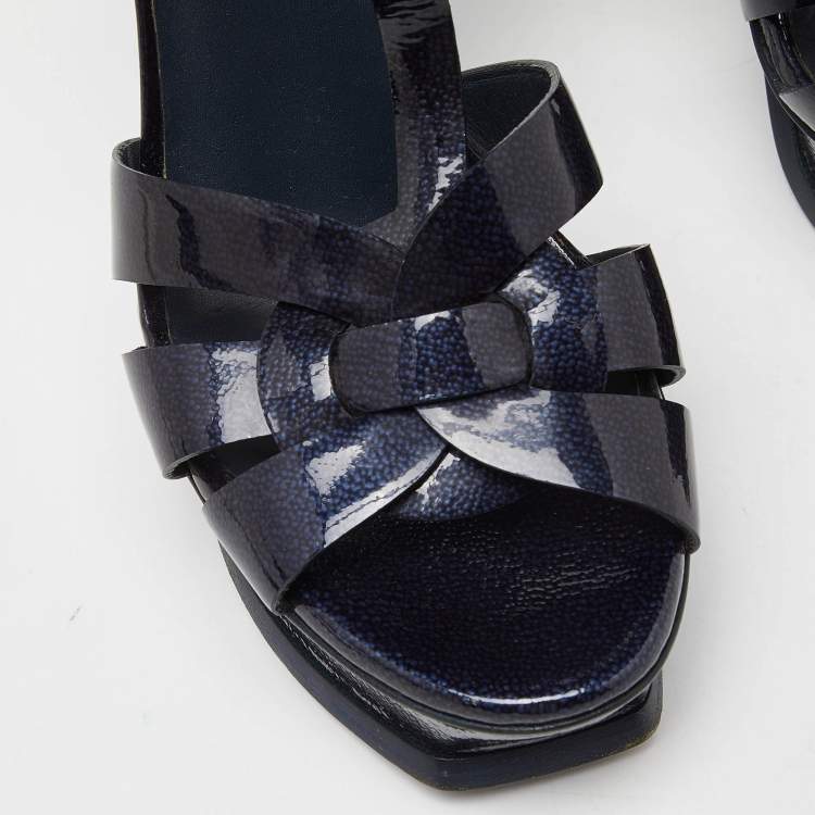 Pre Owned Yves Saint Laurent Navy Blue Patent Leather Tribute Sandals Size 36.5